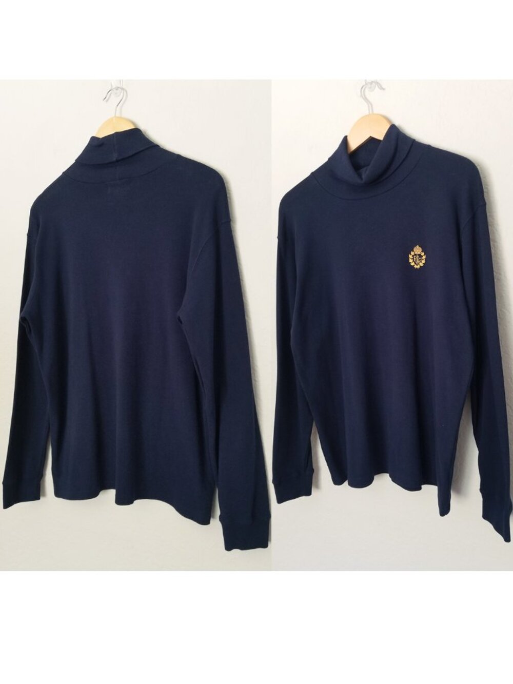 Lauren Ralph Lauren Women's L Navy Blue Turtleneck Gold Embroidered Crest Logo - Picture 12 of 12